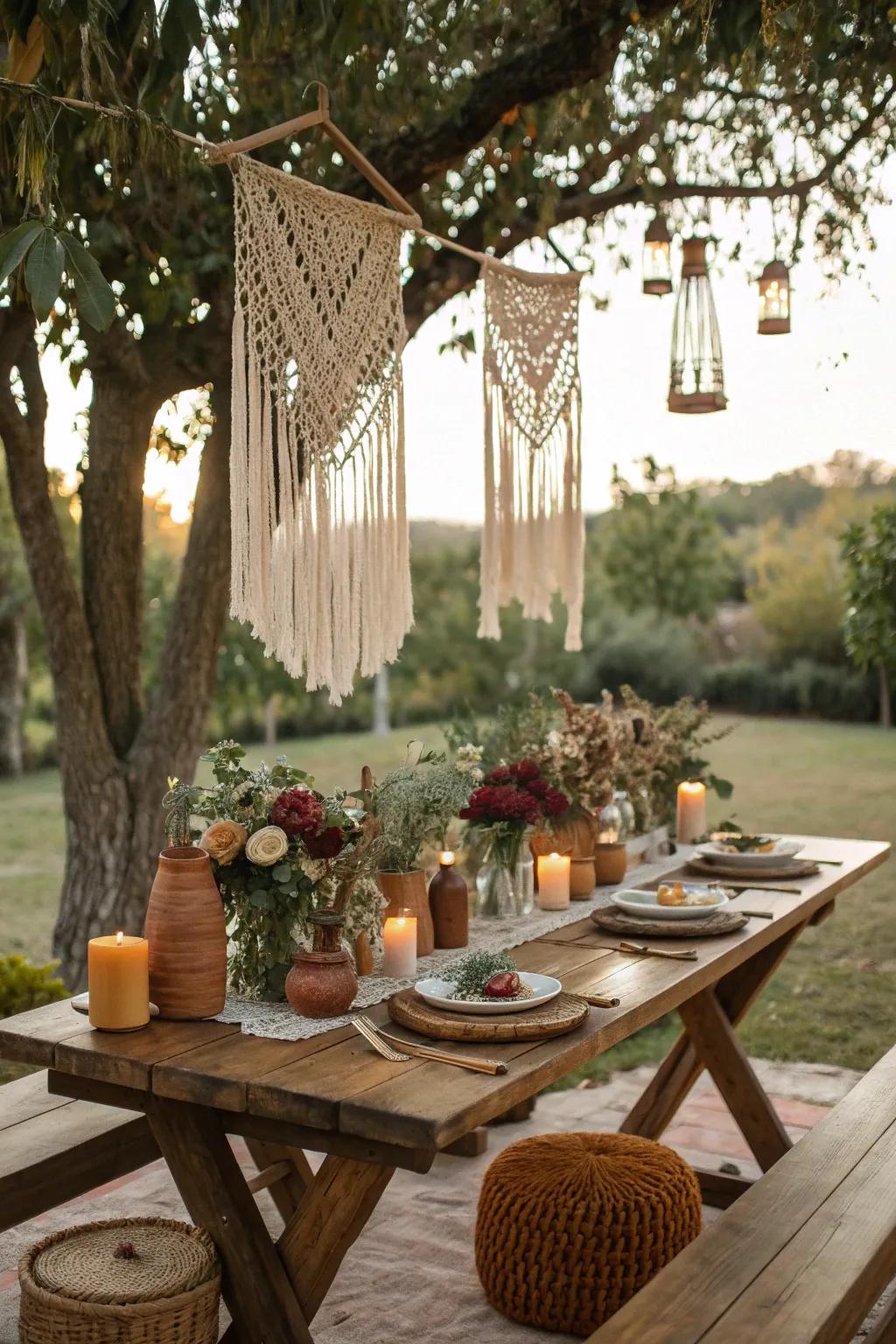 Bohemian vibes with macramé and earthy accents.