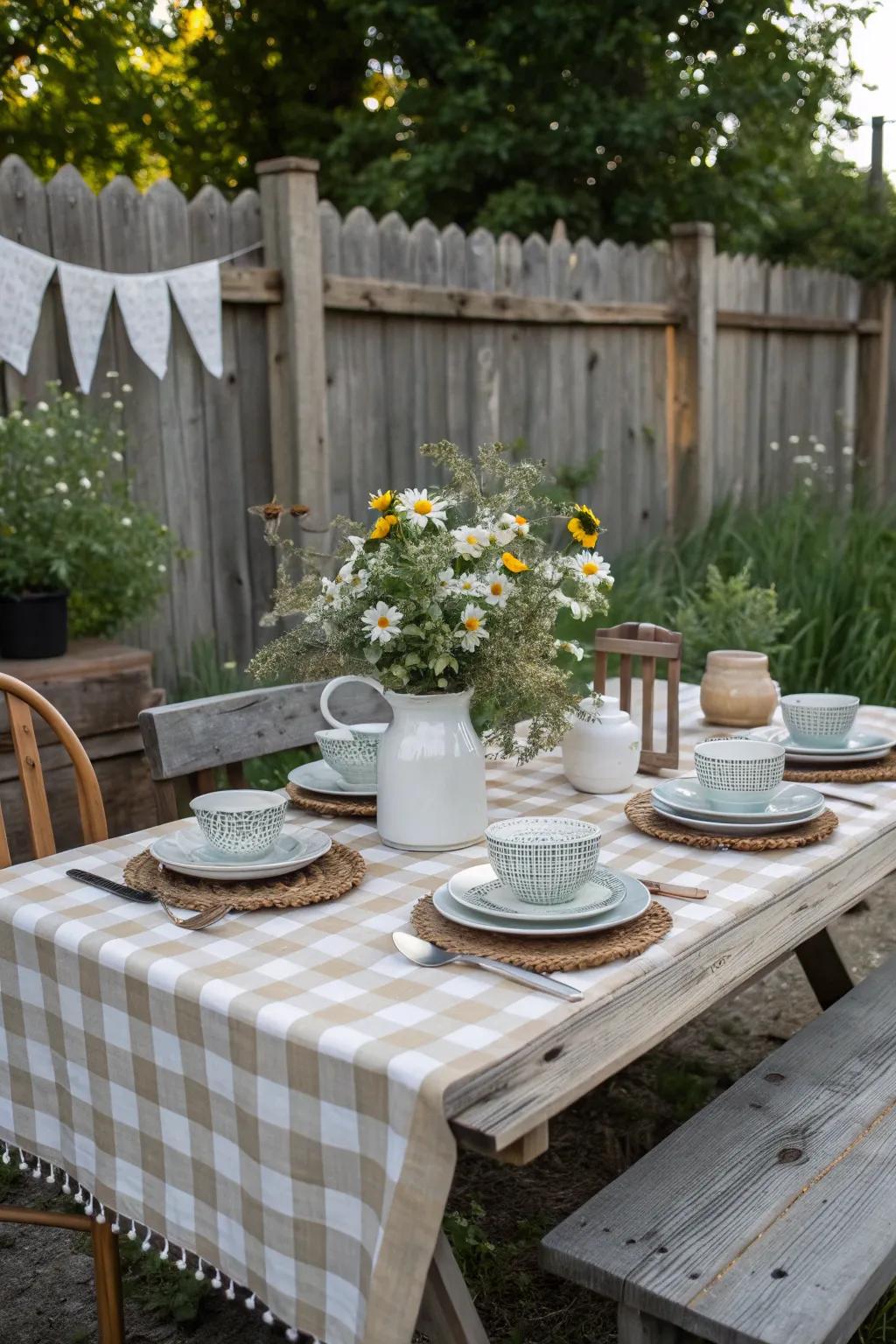 Farmhouse feel with charming gingham and rustic accents.