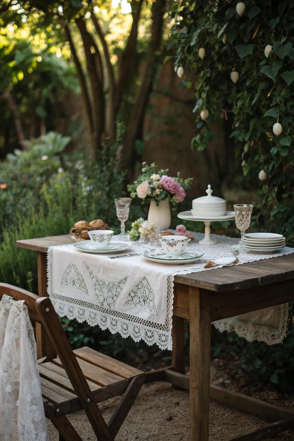 Vintage romance with delicate china and lace accents.