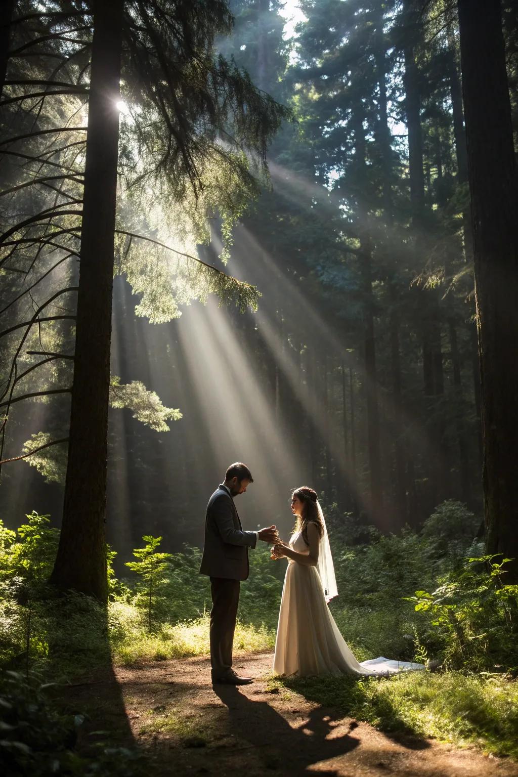 A magical forest ceremony provides an intimate atmosphere.