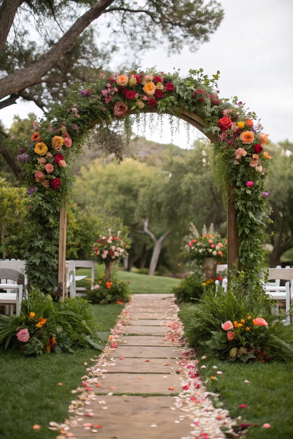 A breathtaking floral arch adds a touch of romance.