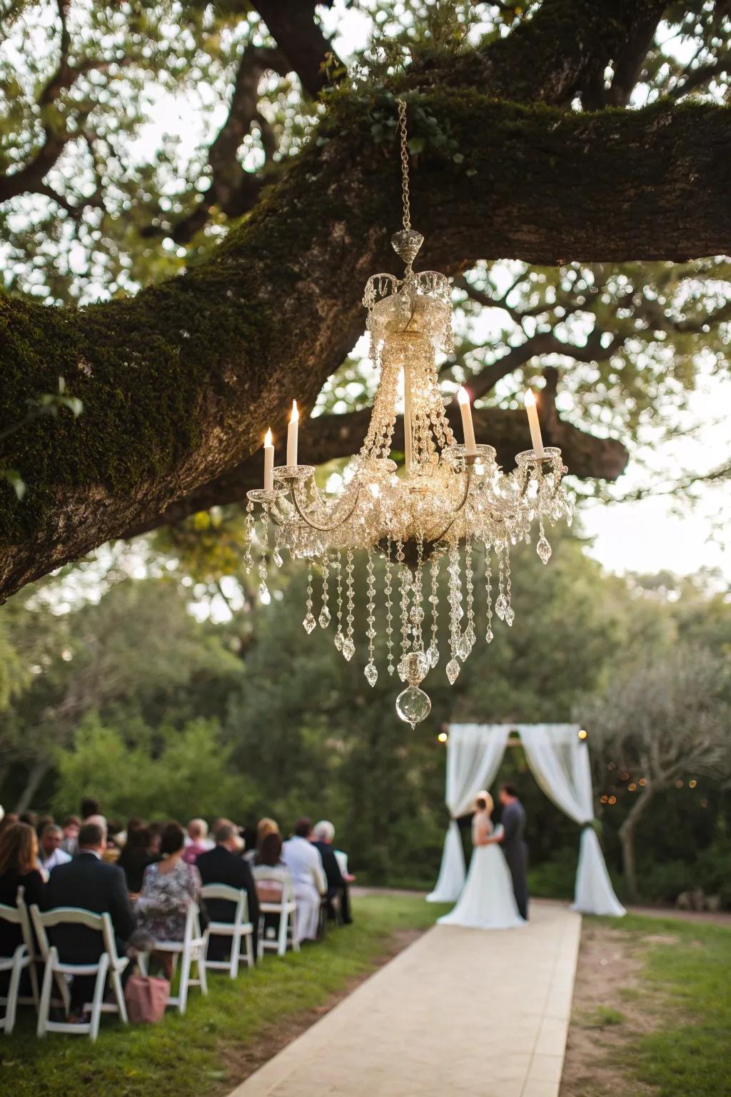 A chandelier adds glamour to a natural setting.