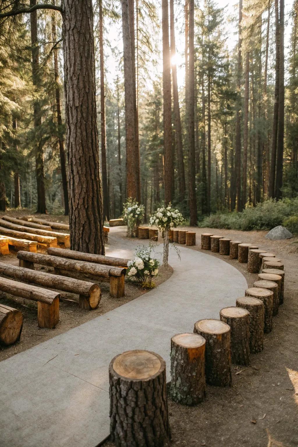 Log seating offers charm and sustainability.