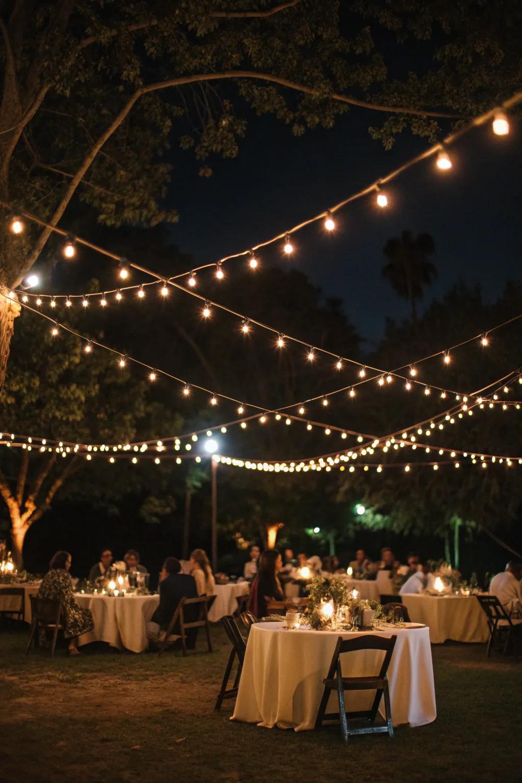 Bistro lights create a magical evening ambiance.