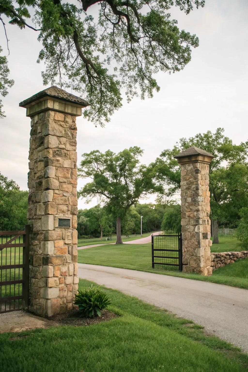Stately stone pillars mark the entrance of a ranch, complemented by lush greenery.