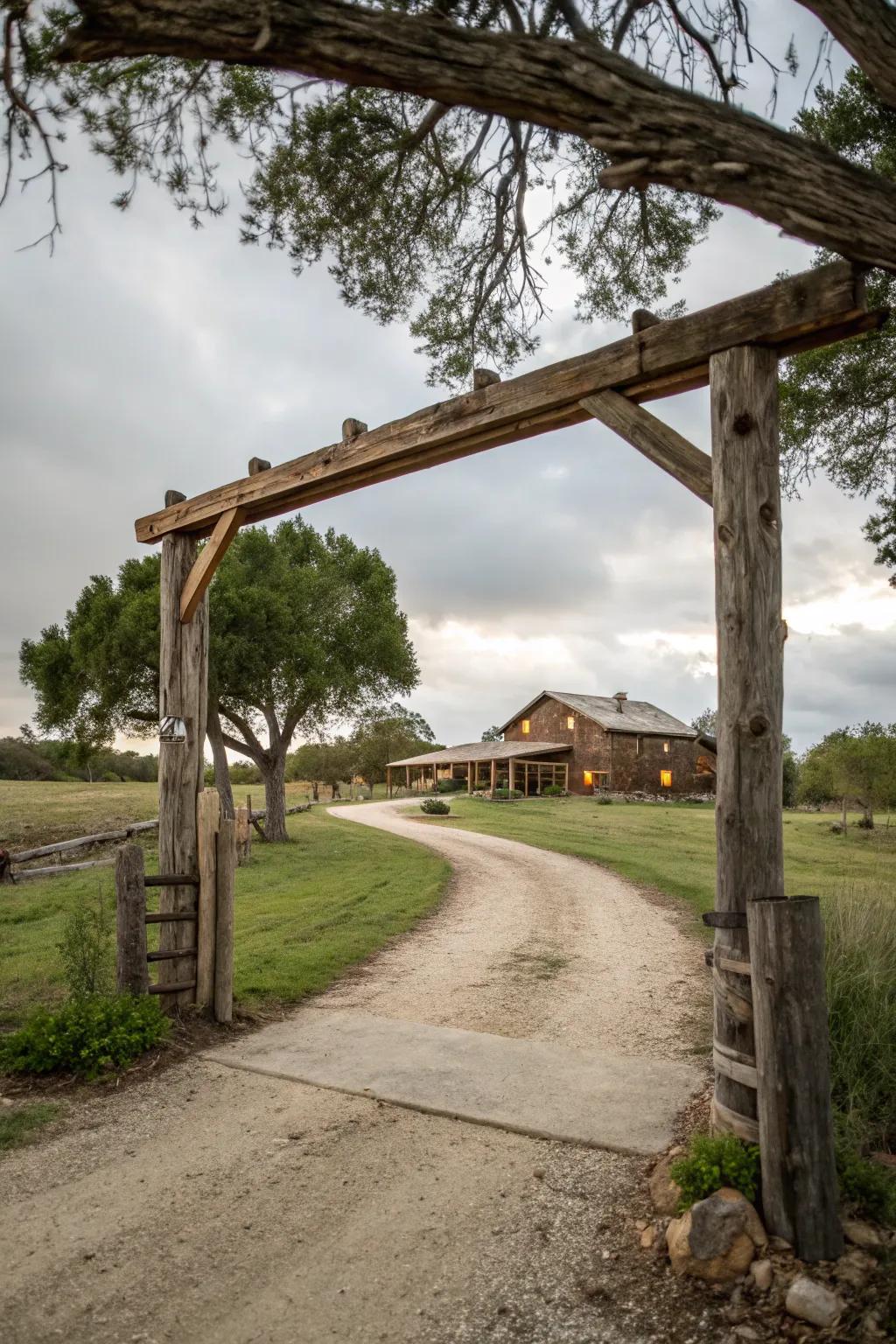 A welcoming wooden archway over a ranch driveway, crafted from reclaimed timber.