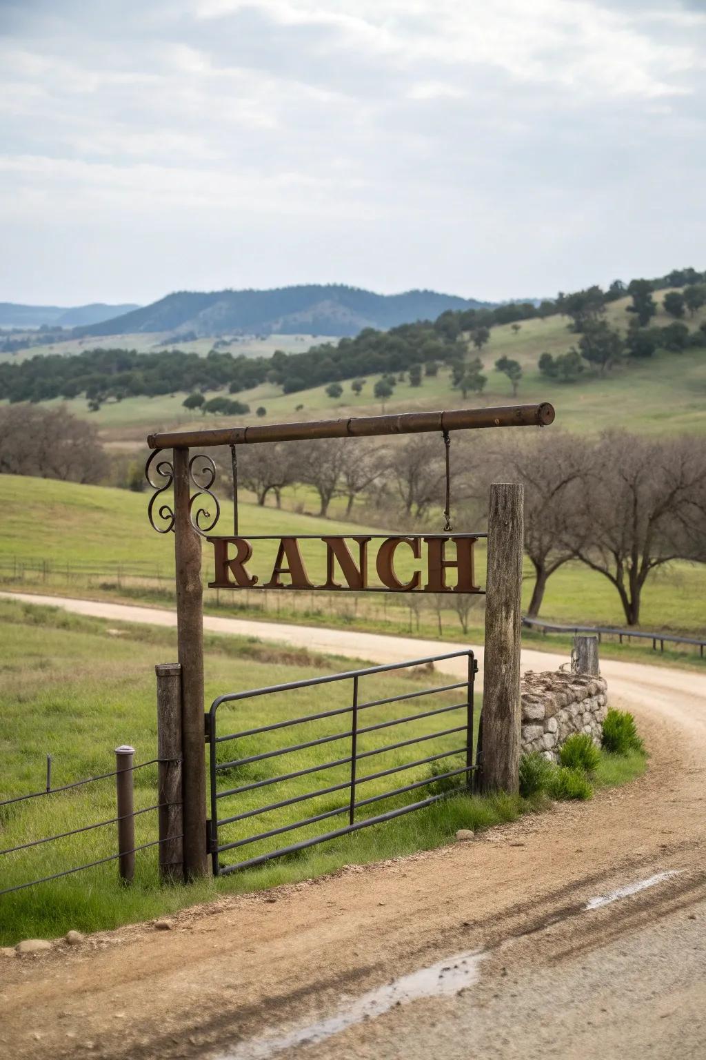 A custom metal sign proudly displaying the ranch's name at the entrance.