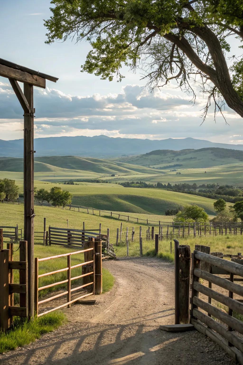 A serene ranch entrance with a breathtaking view of open fields and rolling hills.