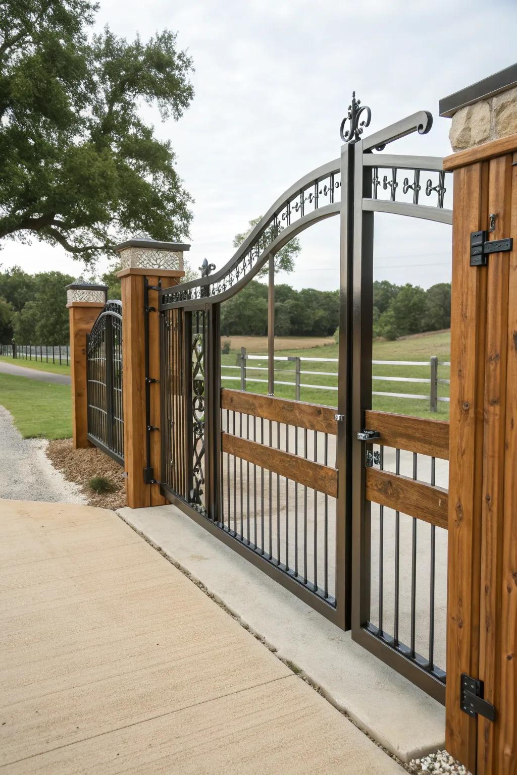Sleek metal gates accented with wood enhance the security and style of this ranch entrance.