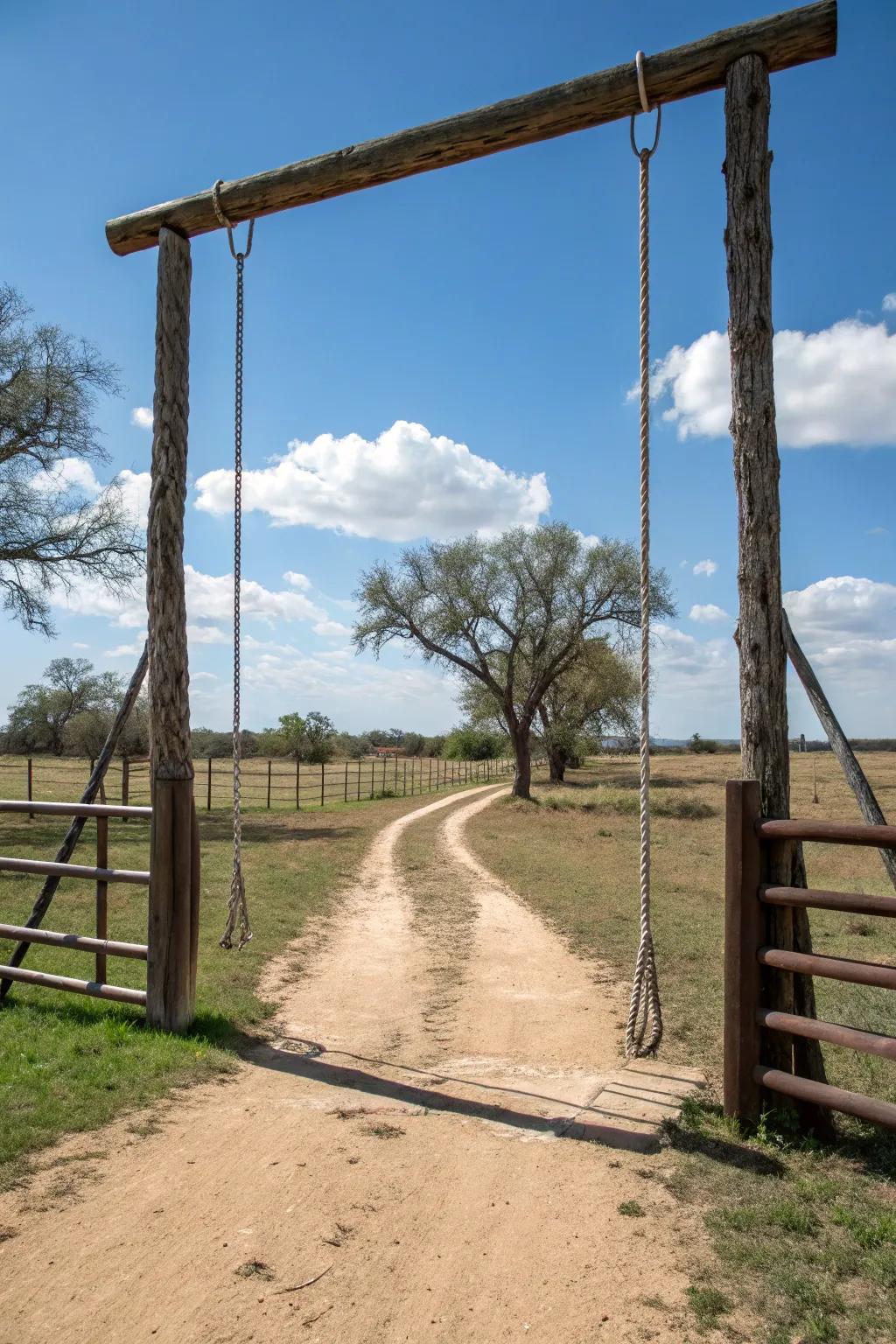 A playful swinging rope gate adds a unique touch to this ranch entrance.