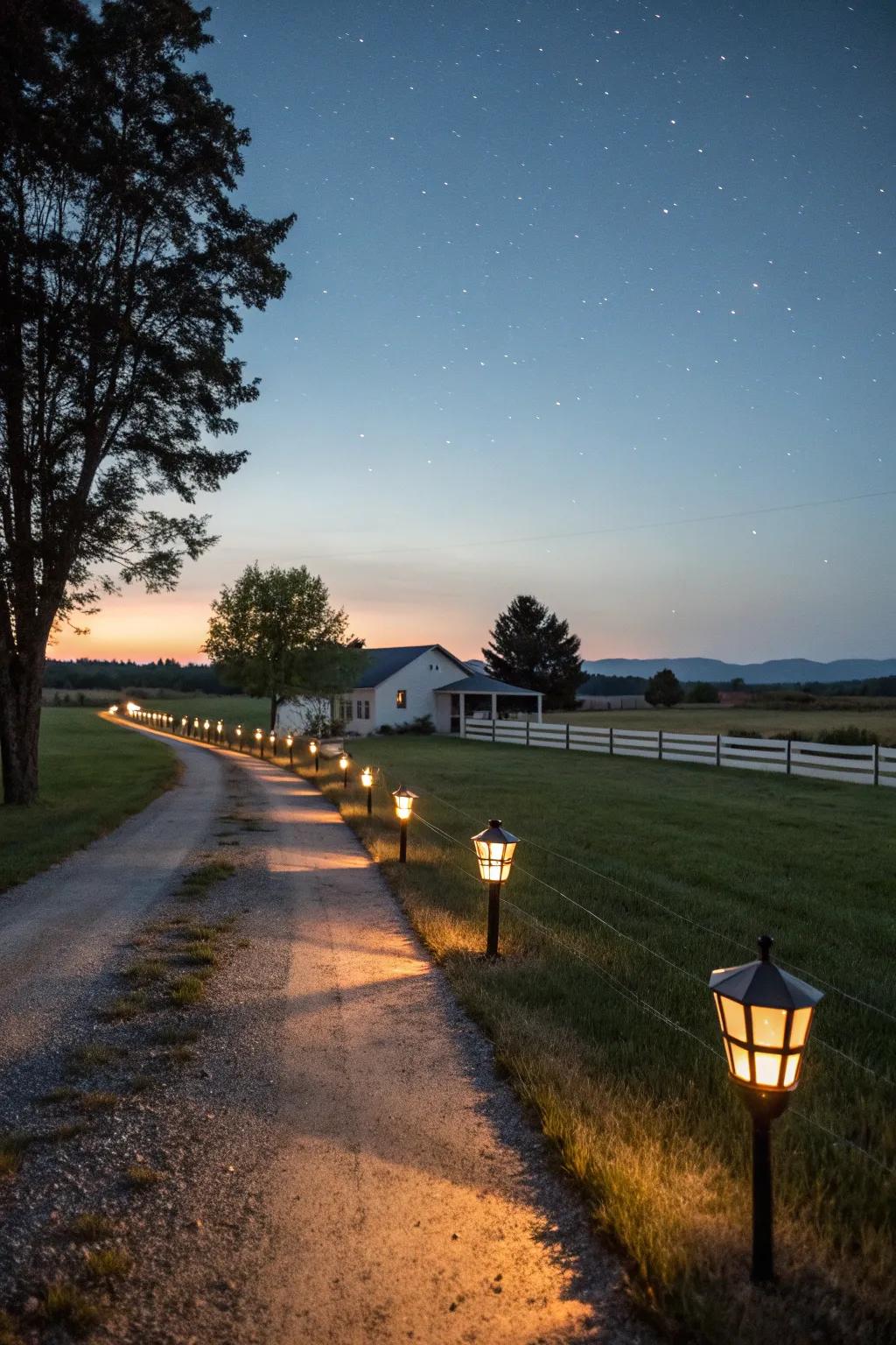 Solar-powered lights cast a warm glow along this ranch driveway at dusk.