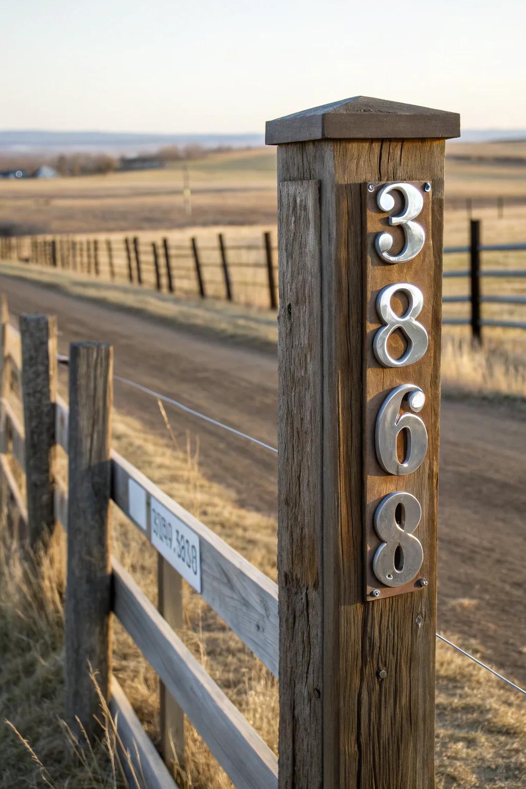 Reflective address numbers ensure visibility and safety at this ranch entrance.