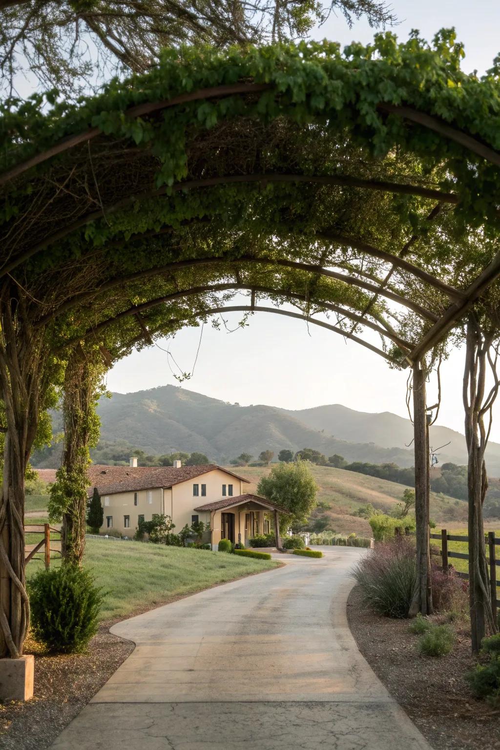 A pergola-style entrance with lush climbing vines creates an enchanting green tunnel.