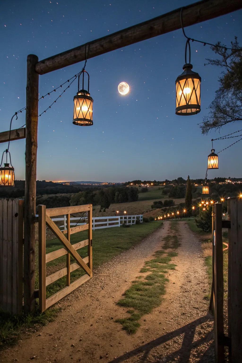 Hanging lanterns cast a cozy glow, illuminating this ranch entrance at night.
