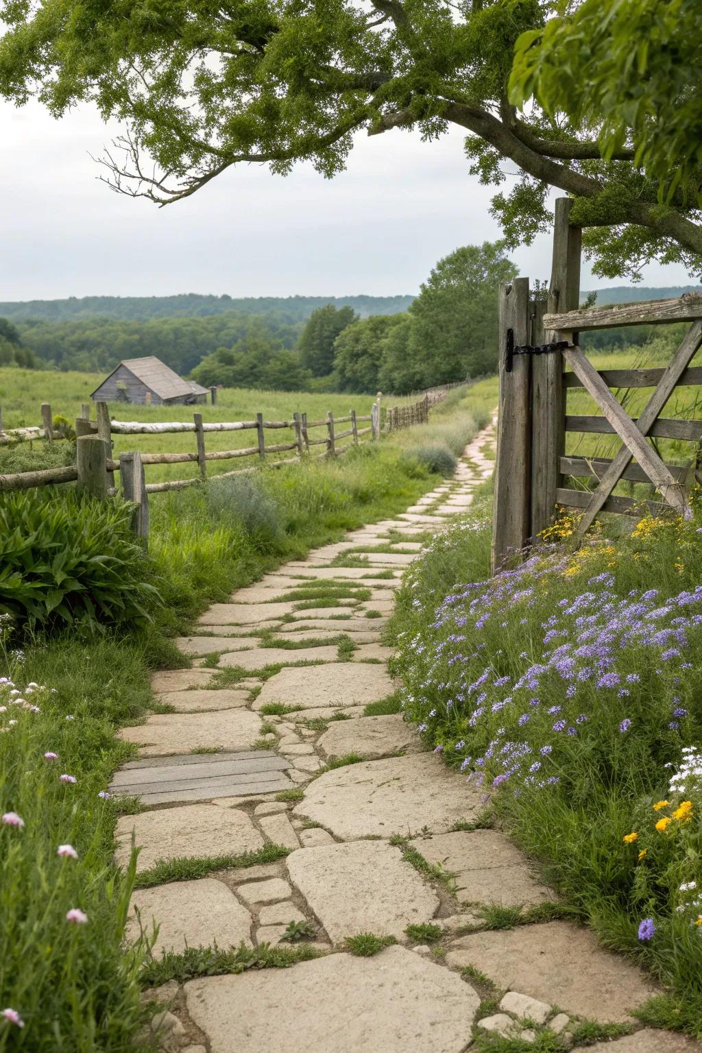 A natural stone pathway offers rustic elegance leading to this ranch entrance.