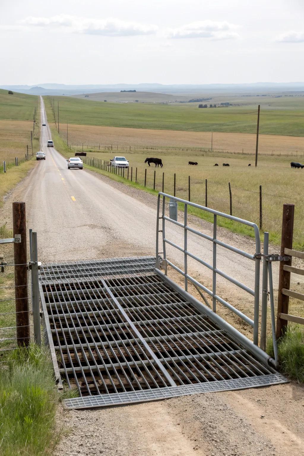 A practical cattle guard crossing ensures livestock stays in while vehicles pass.