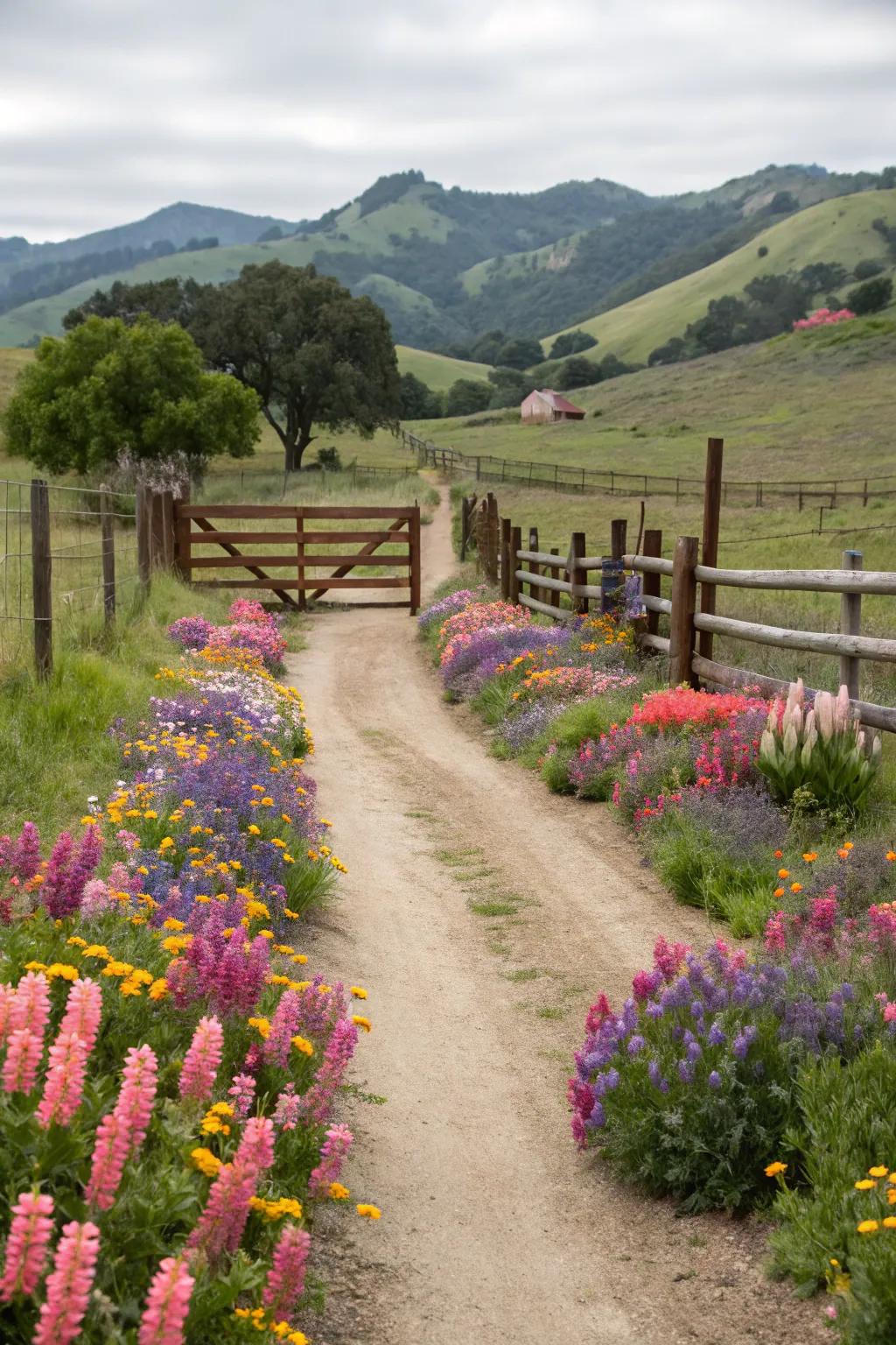 Vibrant wildflower borders bring color and life to this ranch entrance.