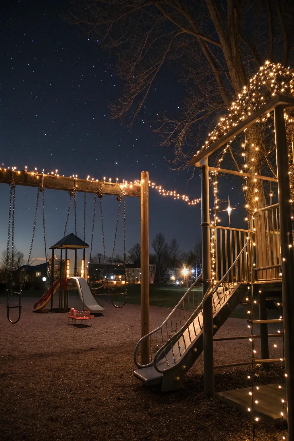 Enchanting string lights wrapped around play structures.