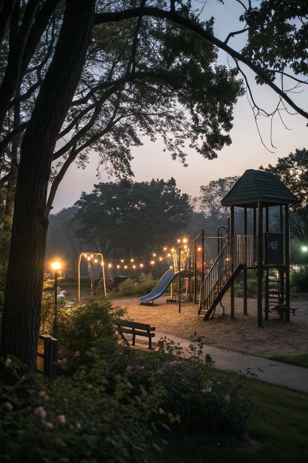 Lighting harmoniously integrated into natural playground settings.