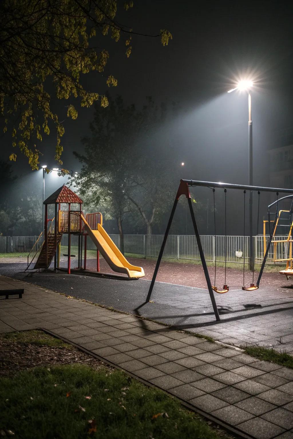 Spotlights enhancing play structures for safe evening fun.