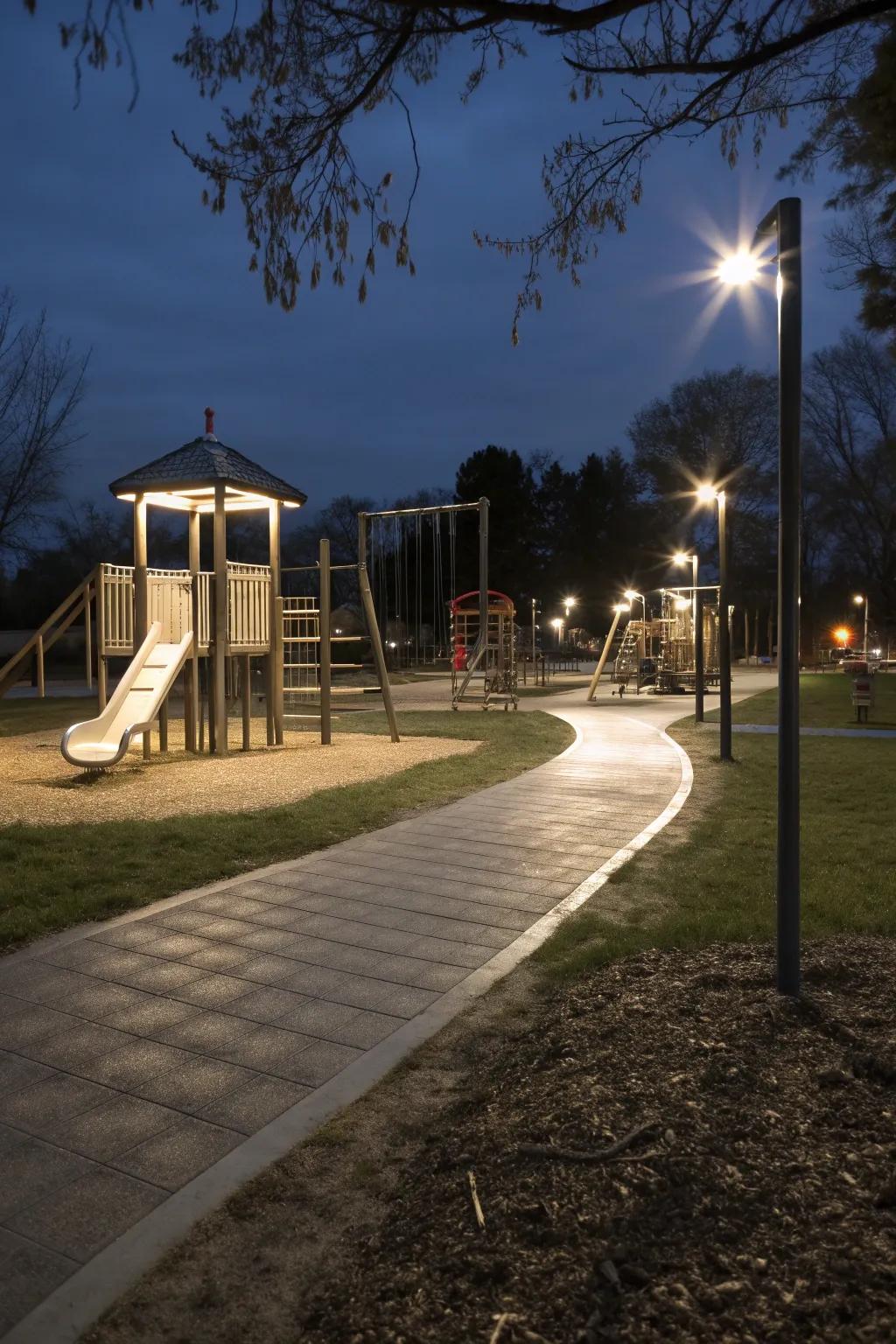Guiding lights along playground paths for safety.