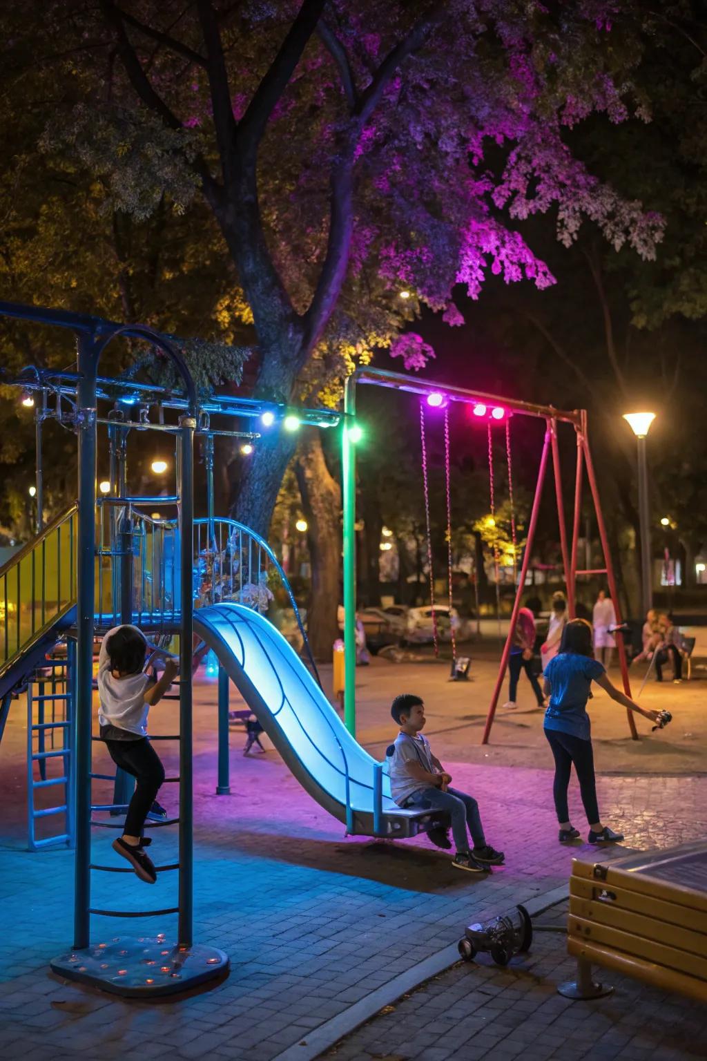 Playground transformed with vibrant, colorful lighting.