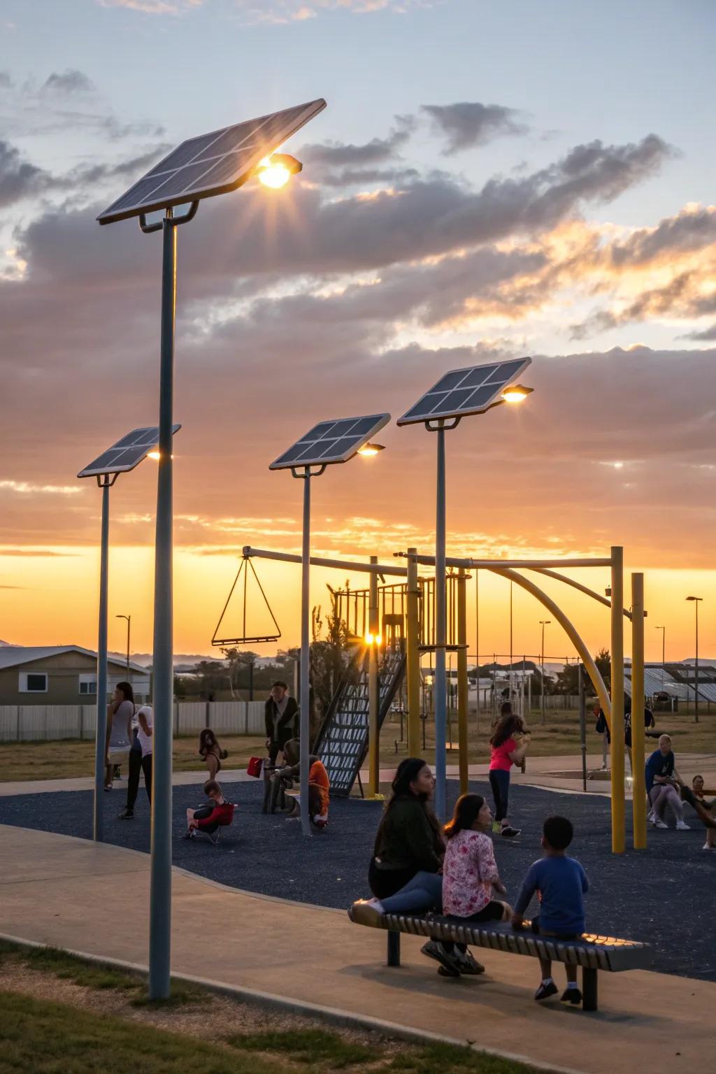 Eco-friendly solar lighting illuminating the playground.