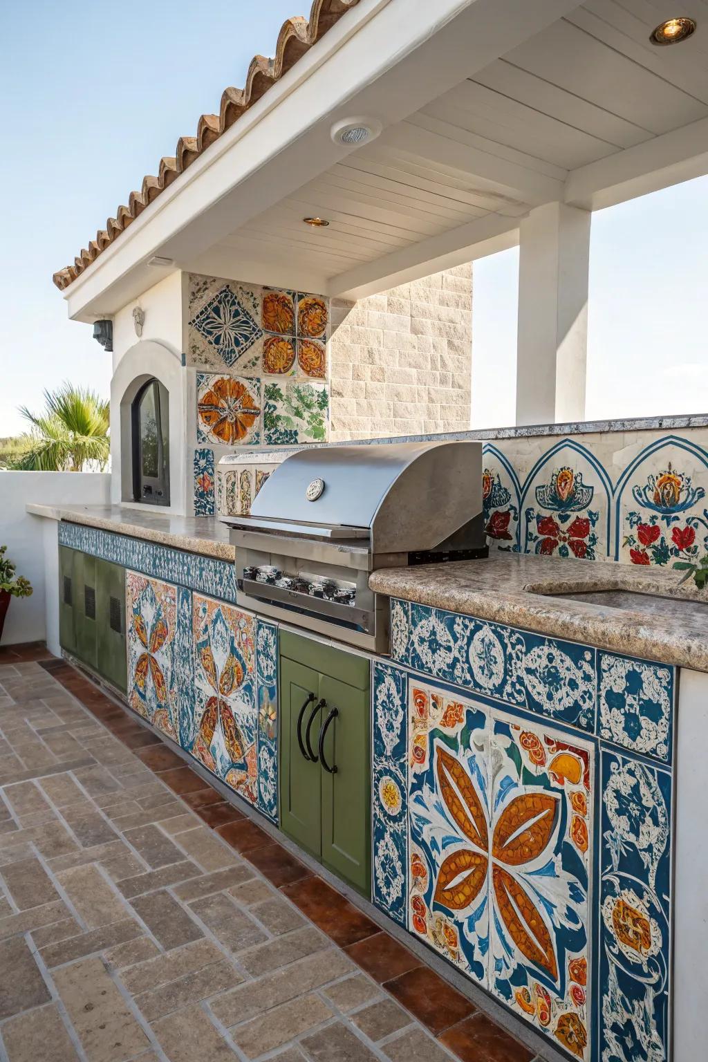Vibrant tiles bring Mexican artistry to your outdoor kitchen.