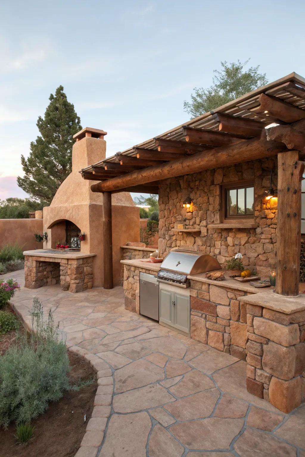 Adobe and stone create a rustic yet authentic Mexican feel.