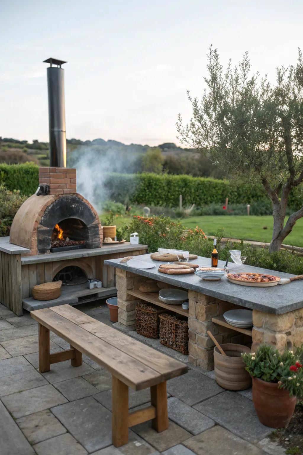 A wood-fired oven serves as a central cooking feature.