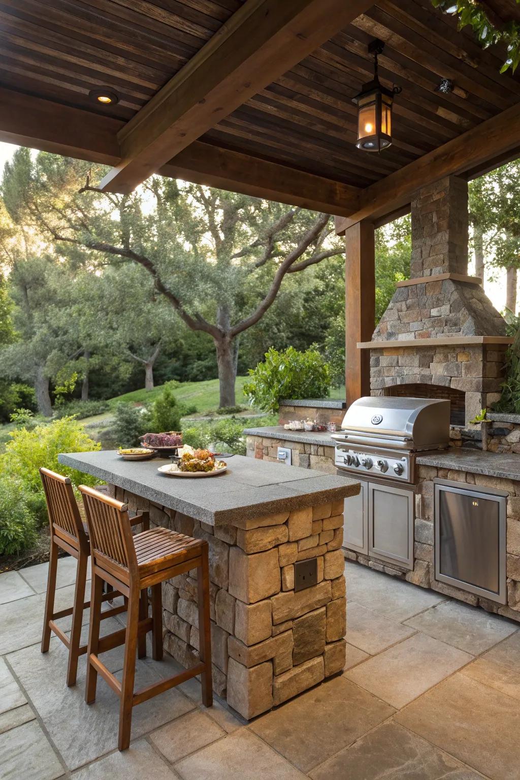 Rustic stone grills offer durability and natural charm.