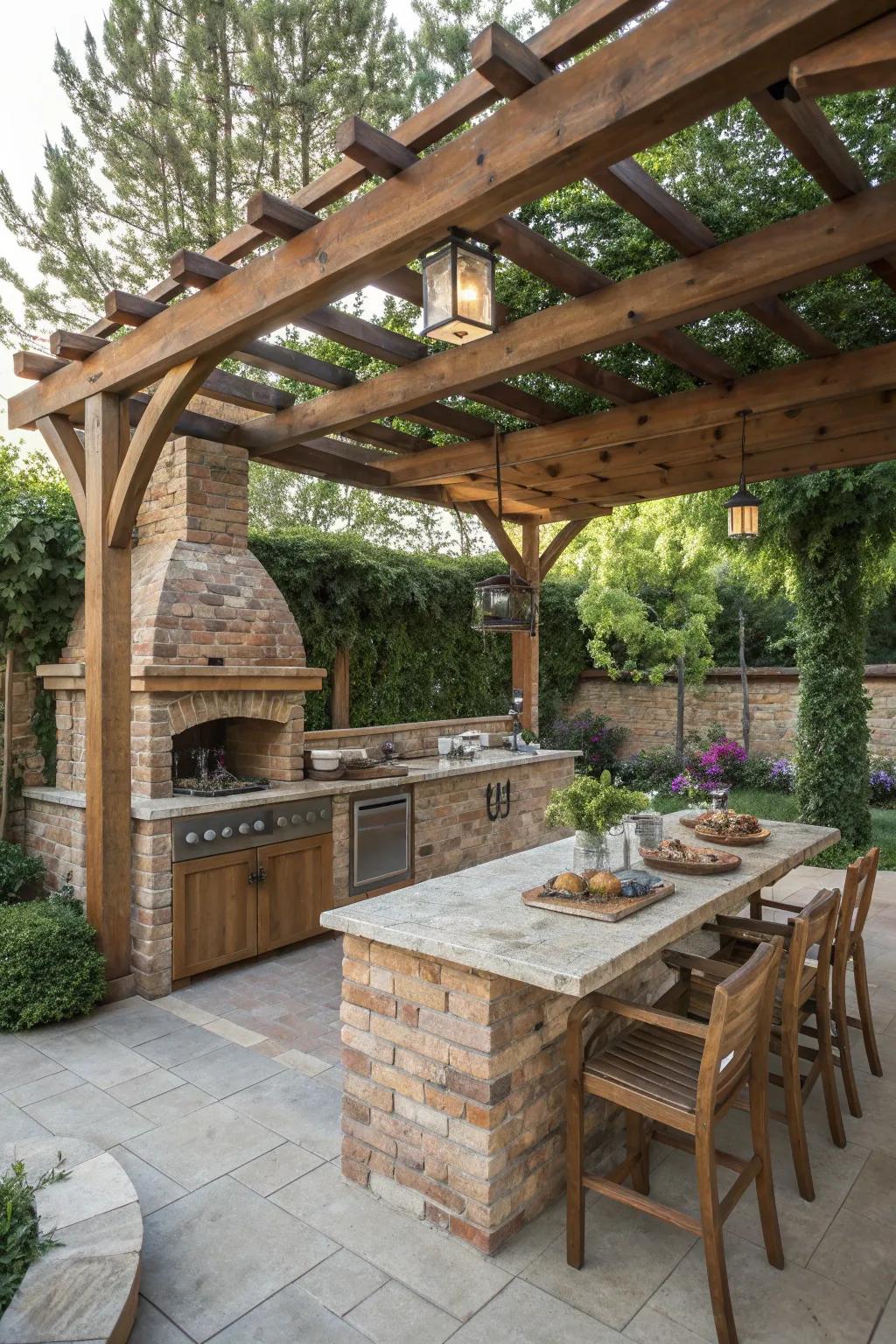 A rustic wooden pergola adds shade and elegance.