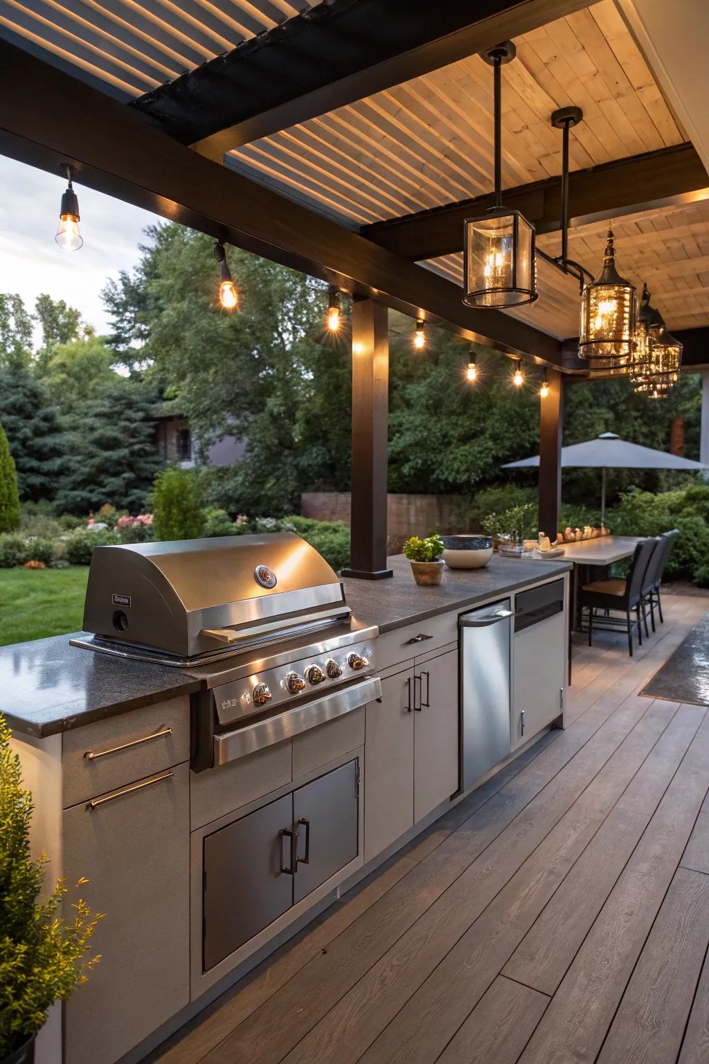 Modern lighting enhances evening ambiance.