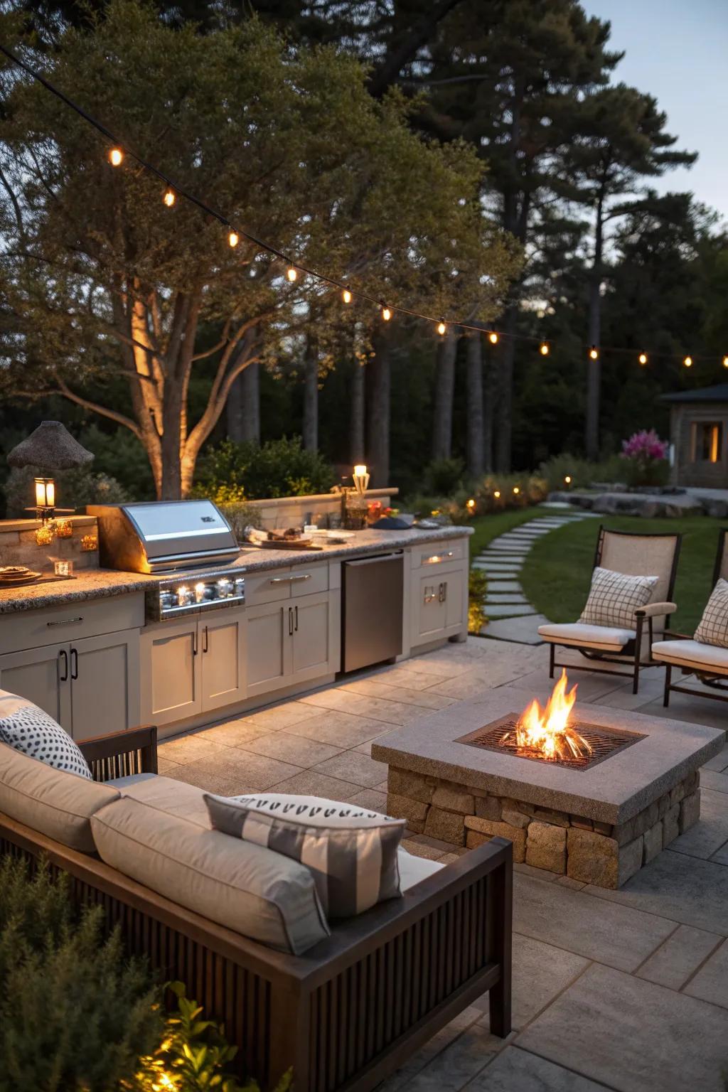 A cozy fire pit lounge offers warmth and relaxation.