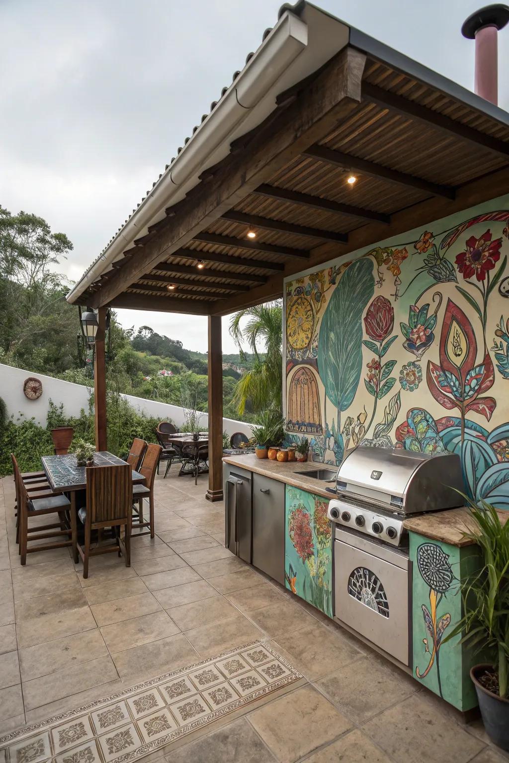 Artistic wall murals tell cultural stories.