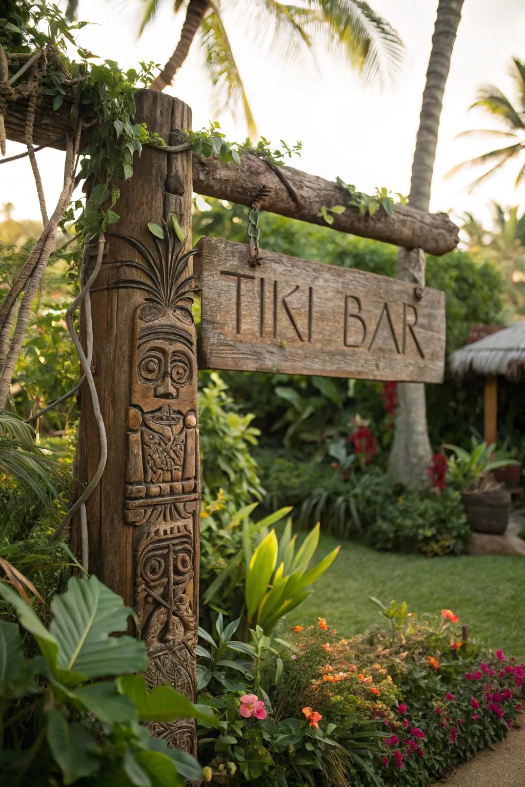 Introduce rustic charm with a wooden tiki bar sign.