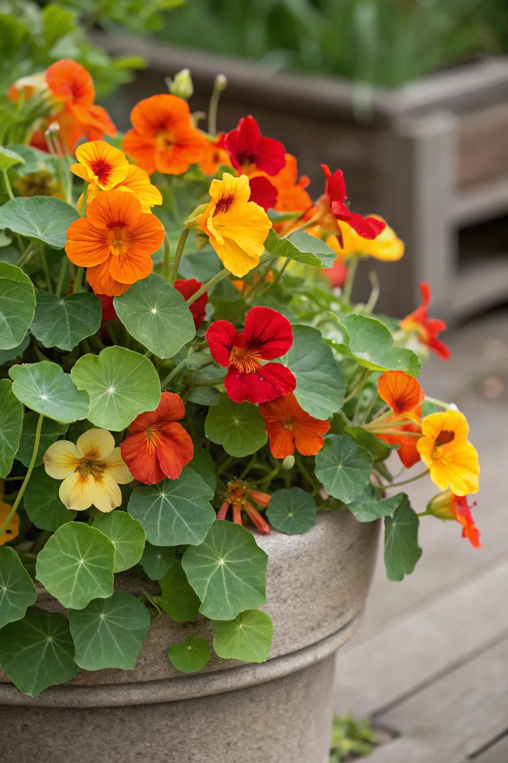 Create a dazzling display with a colorful mix of nasturtiums.