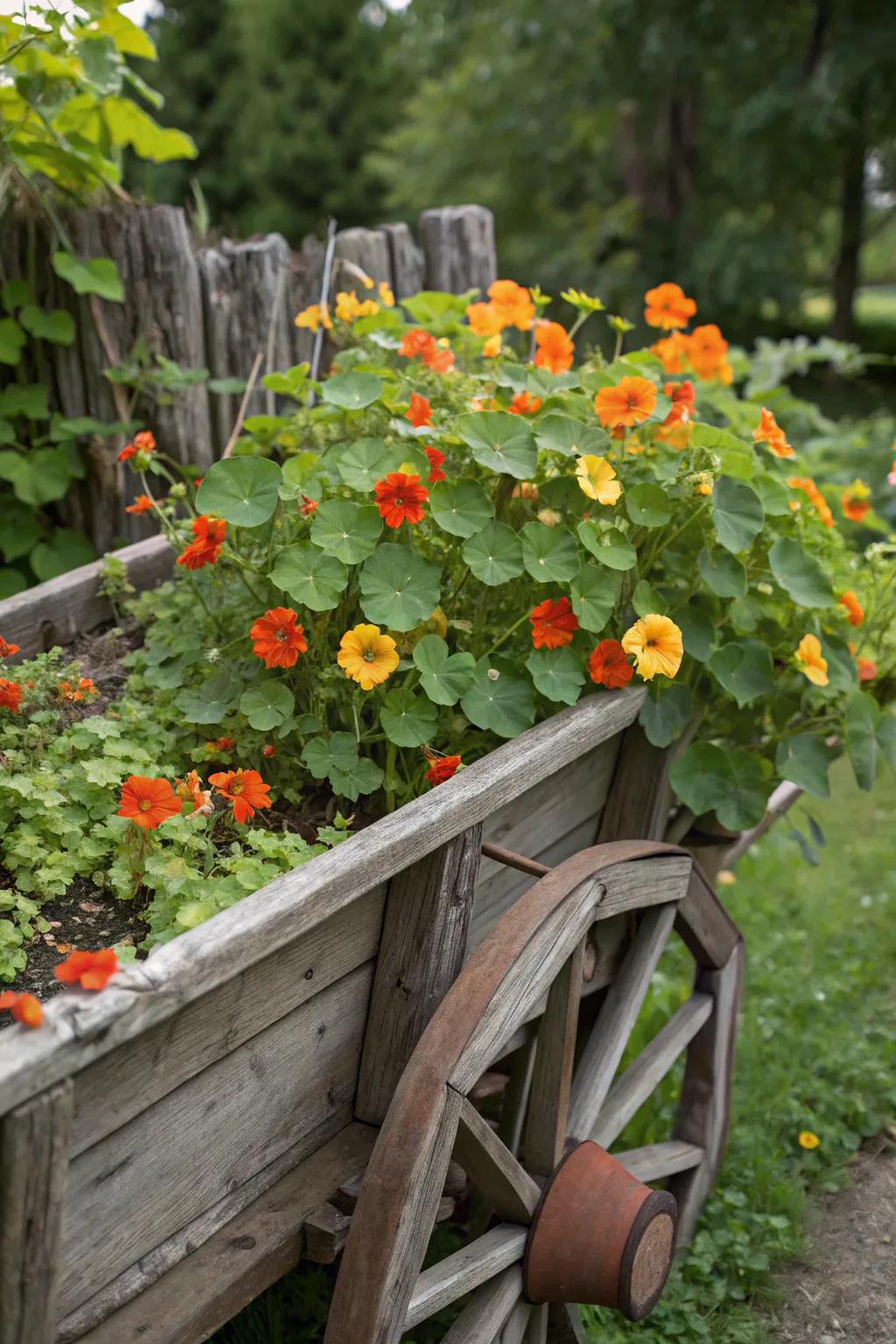 Bring rustic charm to your garden with nasturtiums in repurposed containers.