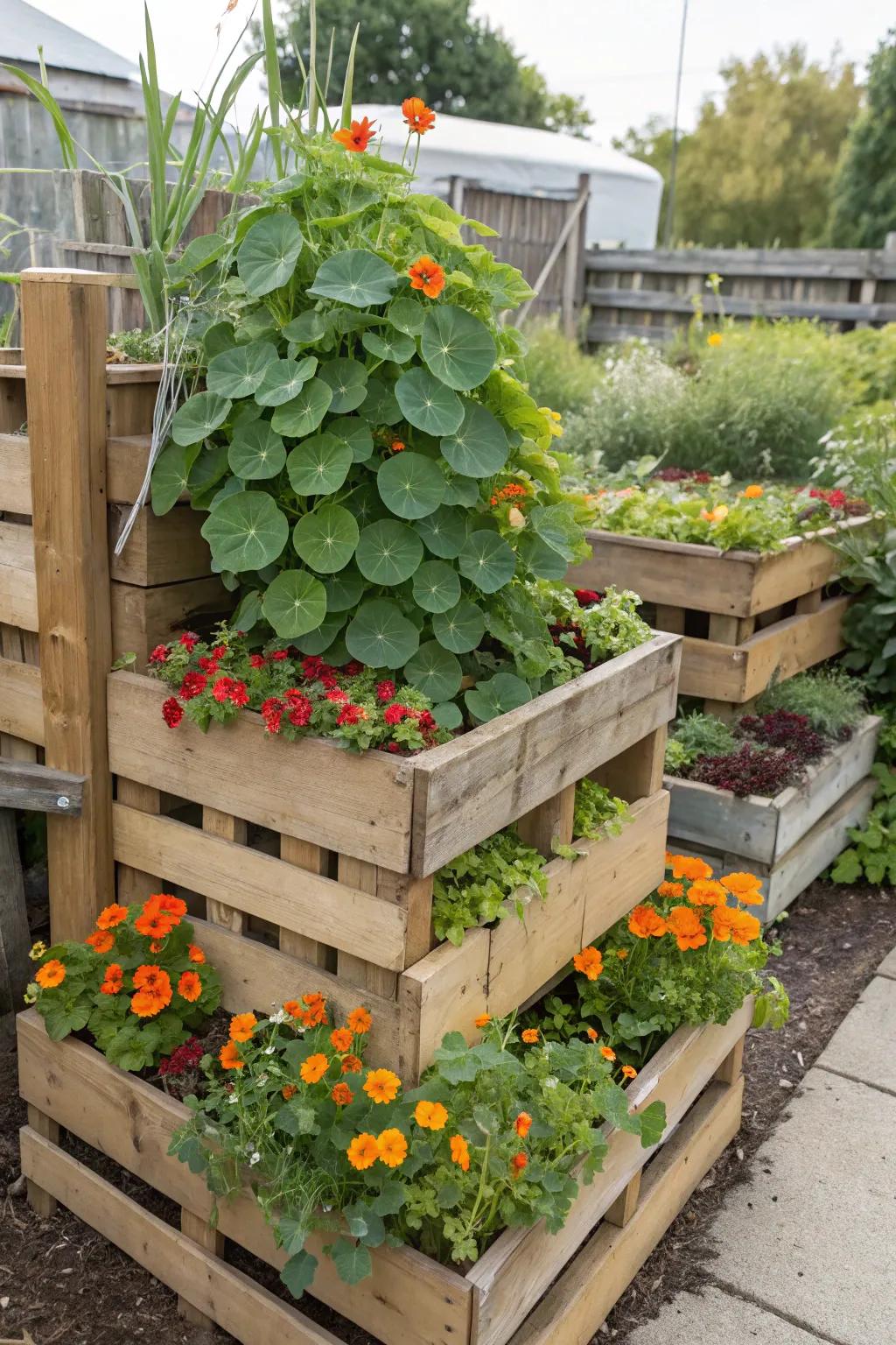 Create dimension with a pallet garden filled with nasturtiums.