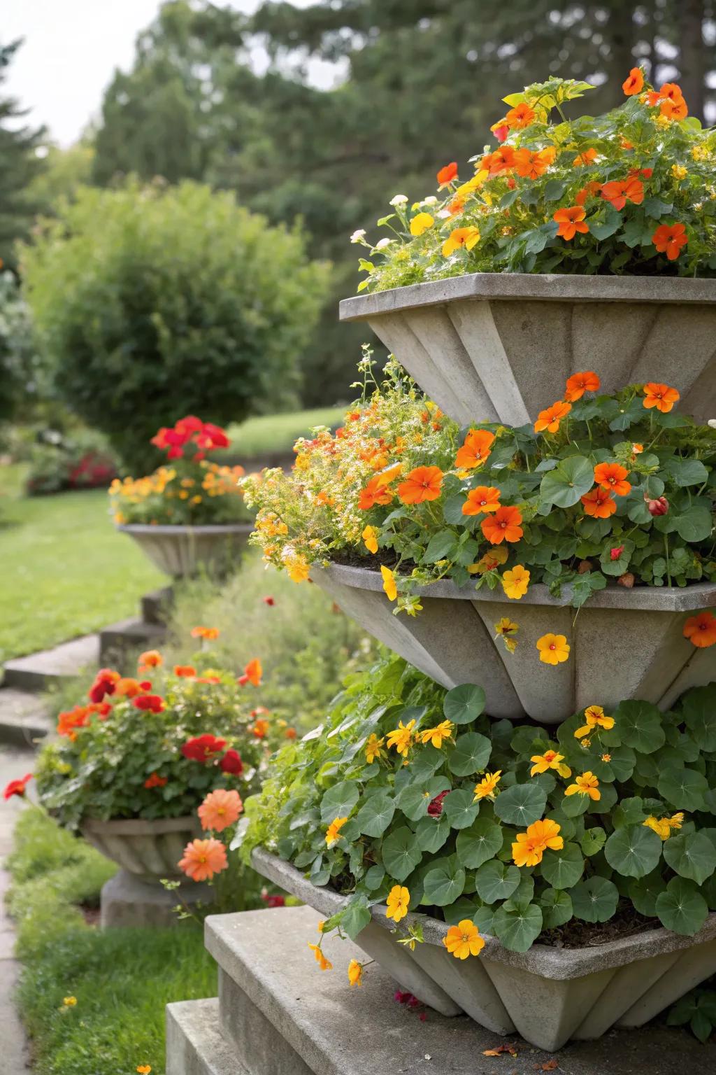 Maximize vertical space with tiered nasturtium planters.