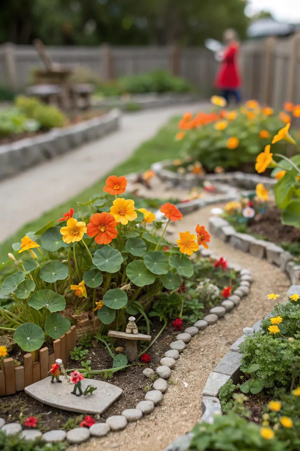 Delight with a miniature garden scene featuring nasturtiums.