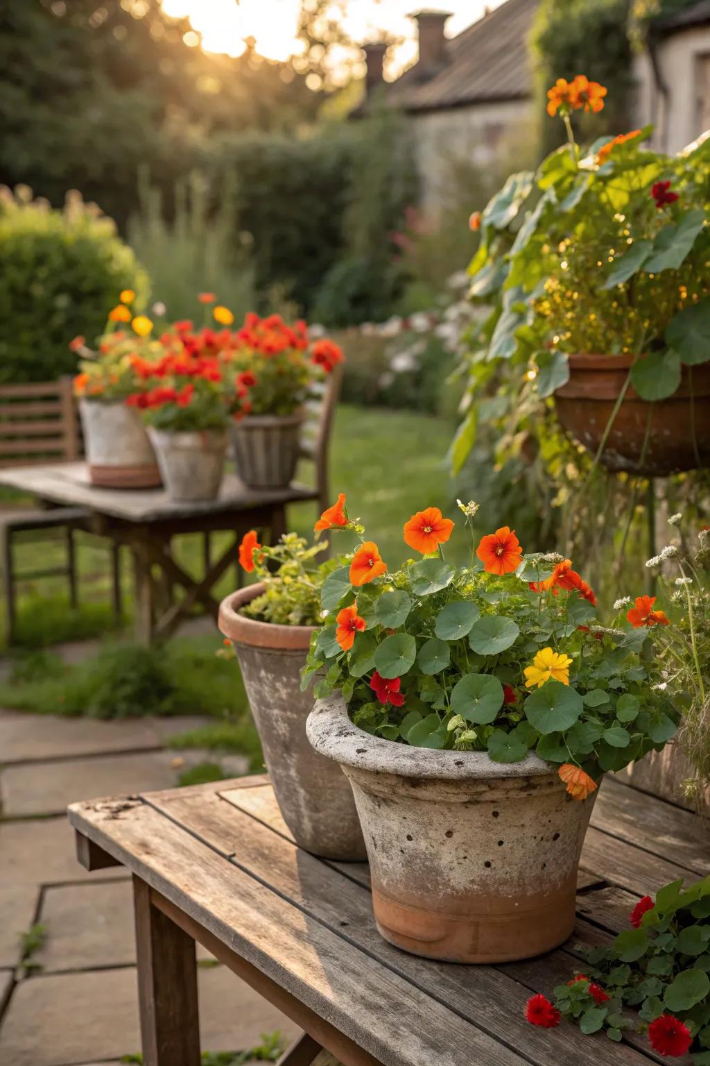 Add nostalgia with vintage containers for your nasturtiums.