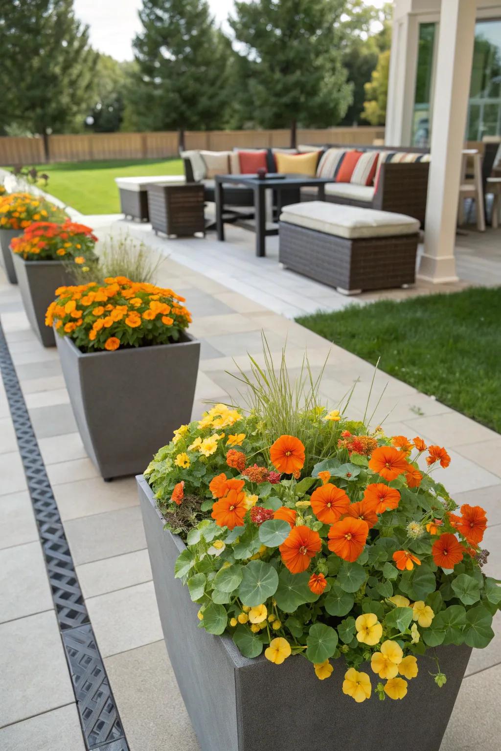 Achieve harmony with color-themed containers for nasturtiums.