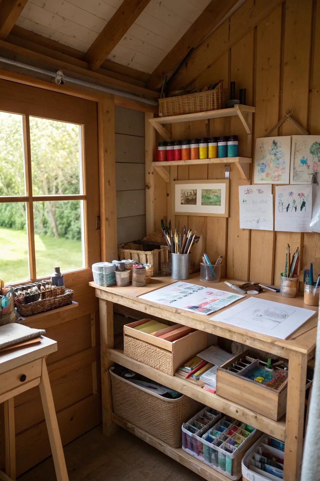 An art corner invites creativity and imaginative expression.