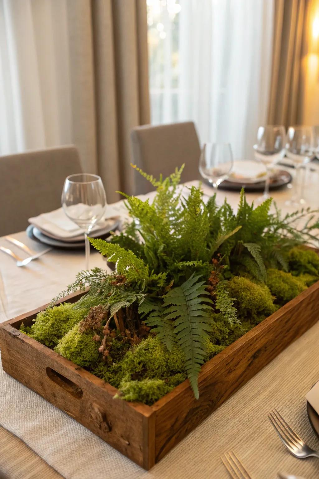 A rustic woodland centerpiece with ferns and moss.