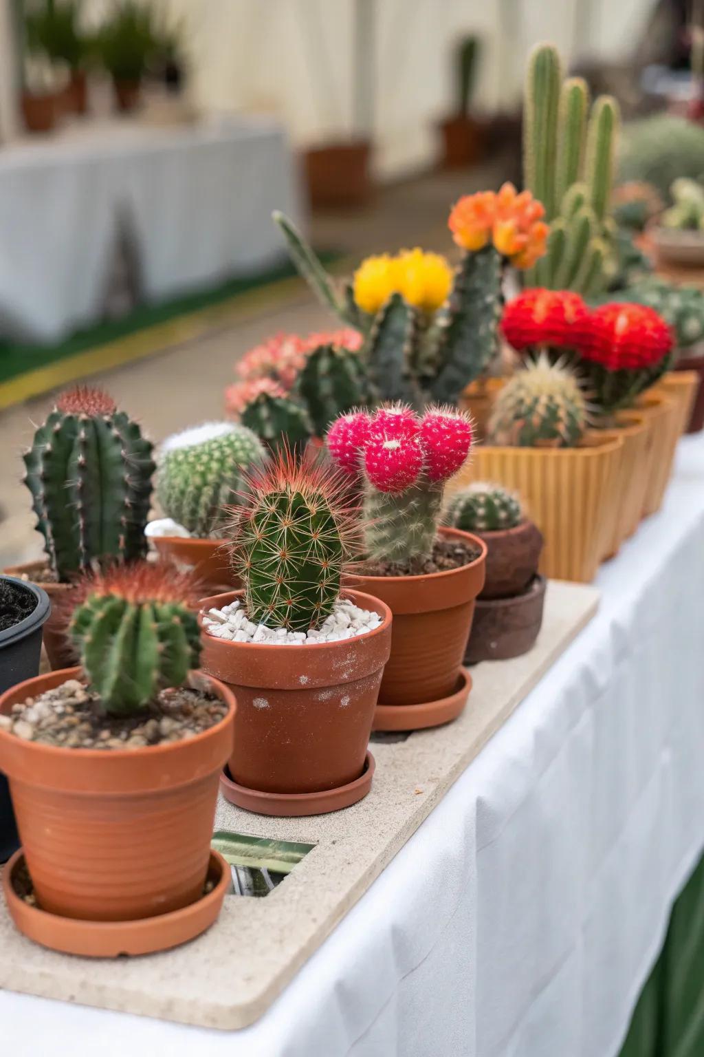 A striking cactus collection centerpiece.