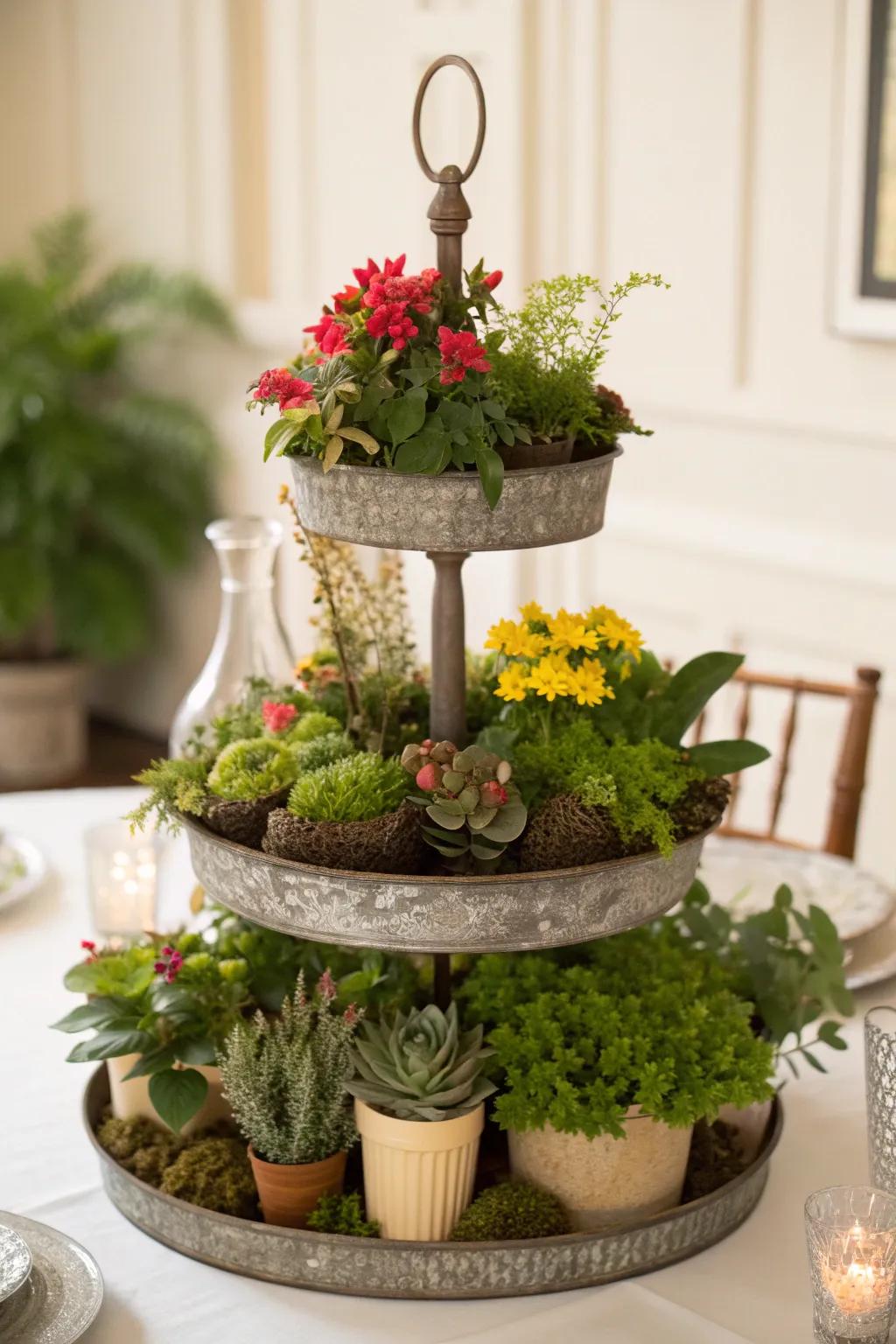 A space-saving tiered plant display centerpiece.