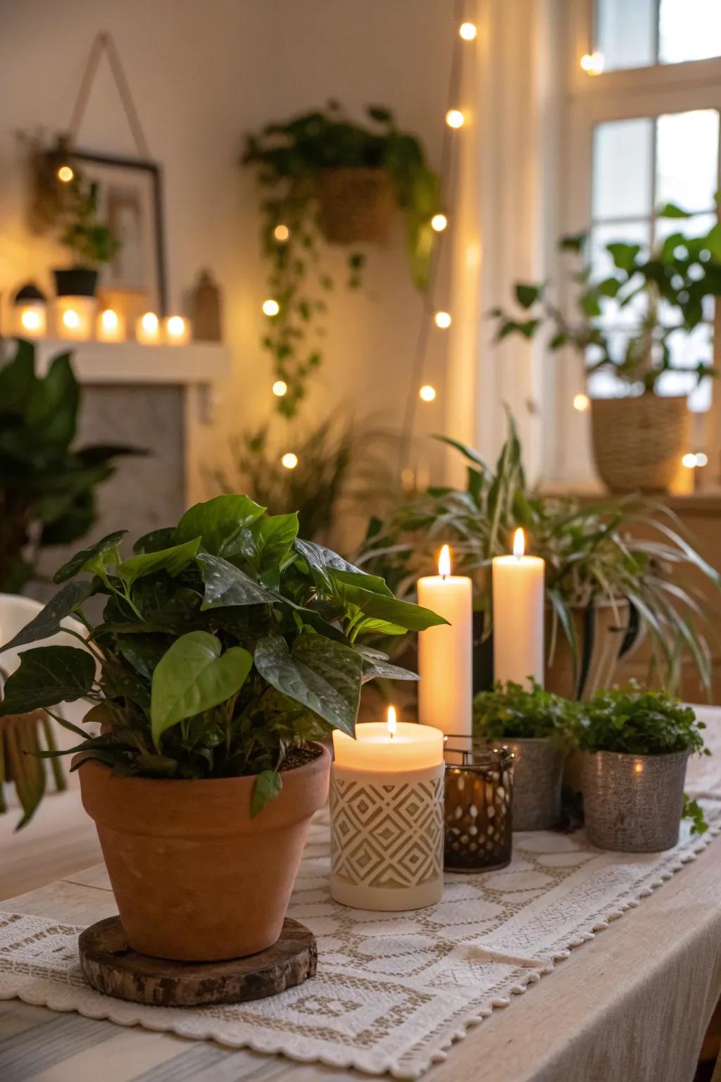 Candles and greenery creating a cozy ambiance.