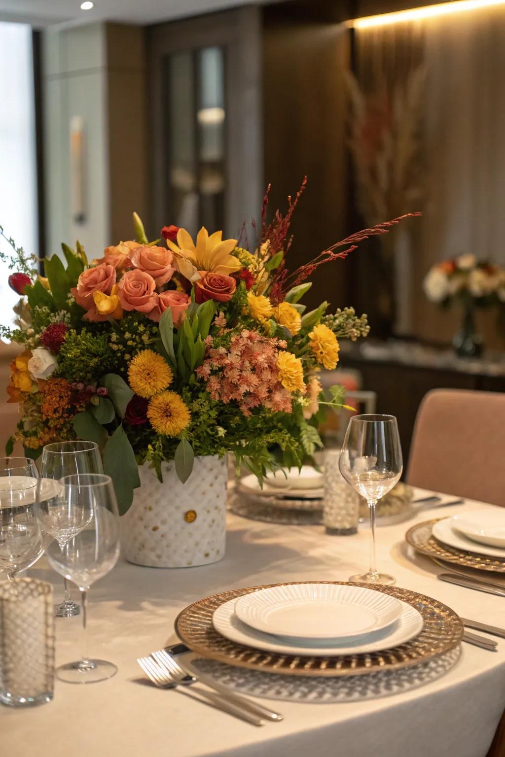 Seasonal blooms add color and freshness to the table.