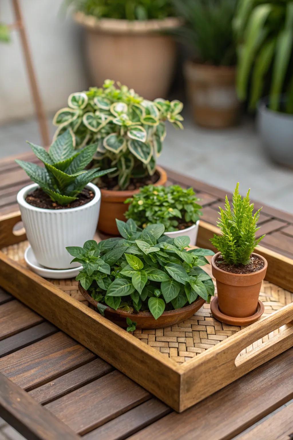 Rustic charm with plants and wooden elements.